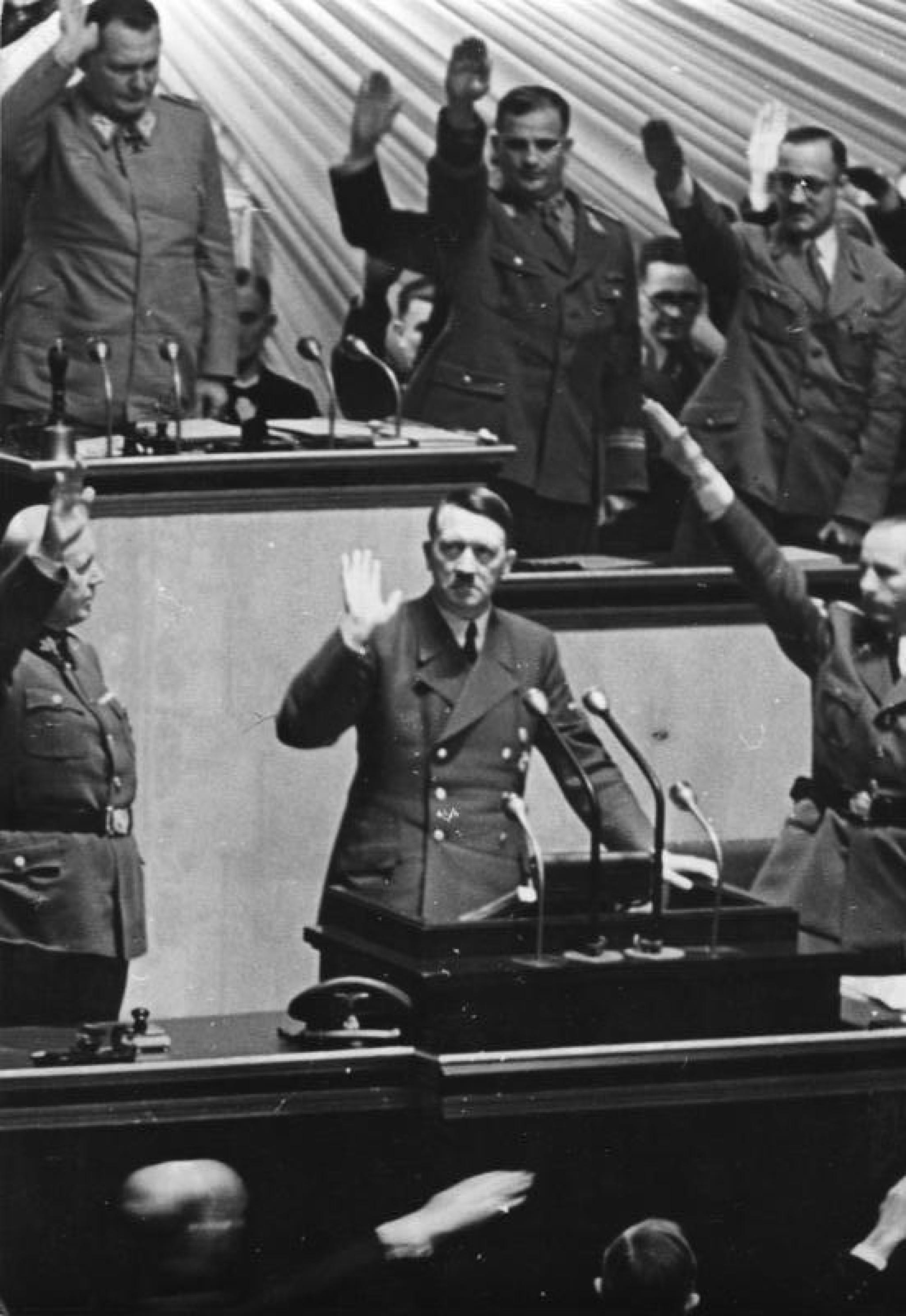 Adolf Hitler declaring war on the United States in the Reichstag, 11 December 1941. Adolf Hitler declaring war on the United States in the Reichstag, 11 December 1941.