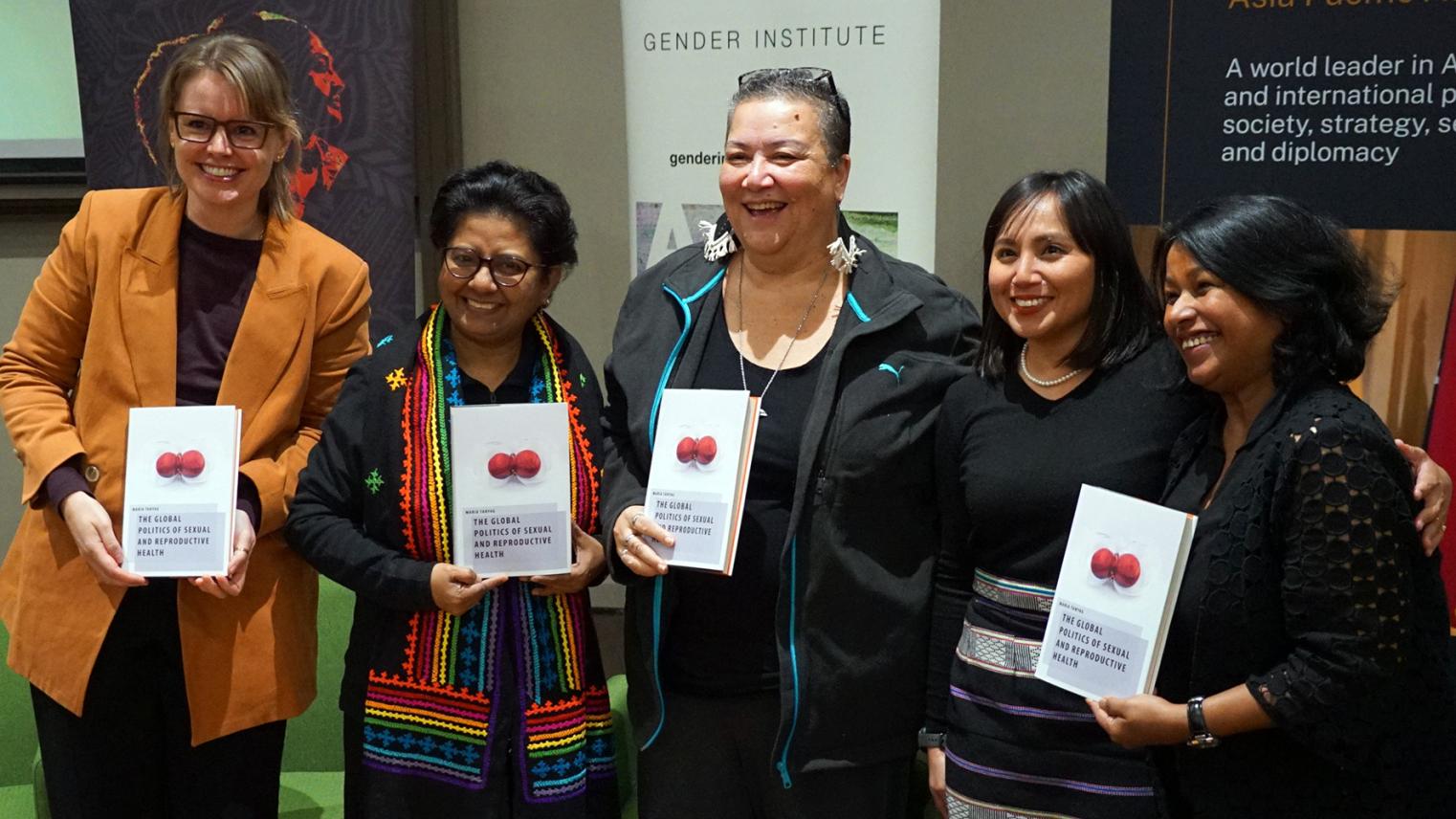 The book launch of ‘The Global Politics of Sexual and Reproductive Health’ at ANU. From left to right: Bonney Corbin, Dr Faustina Pereira, Noelene Nabulivou, Dr Maria Tanyag, and Prof Bina D’Costa.